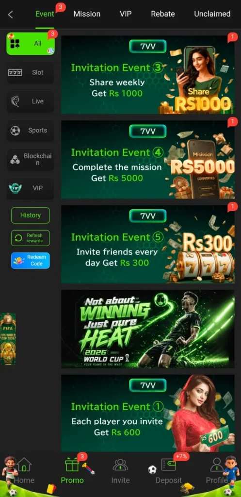 Daily Missions on 7VV BET Game.