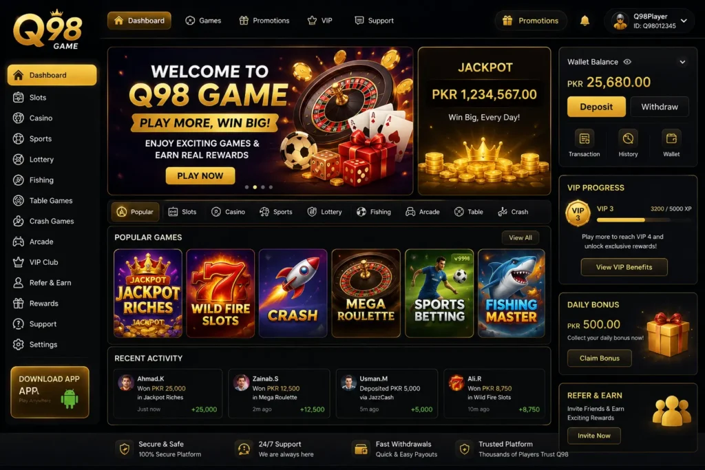 Q98 Game interface screenshot & Promotional image.