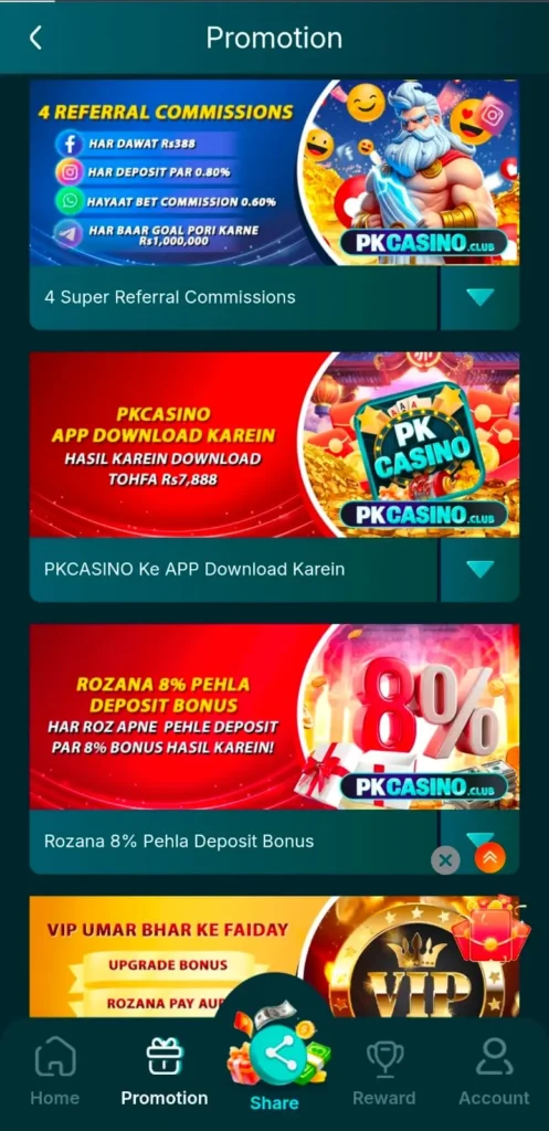 Daily Bonuses in PK Casino Game.