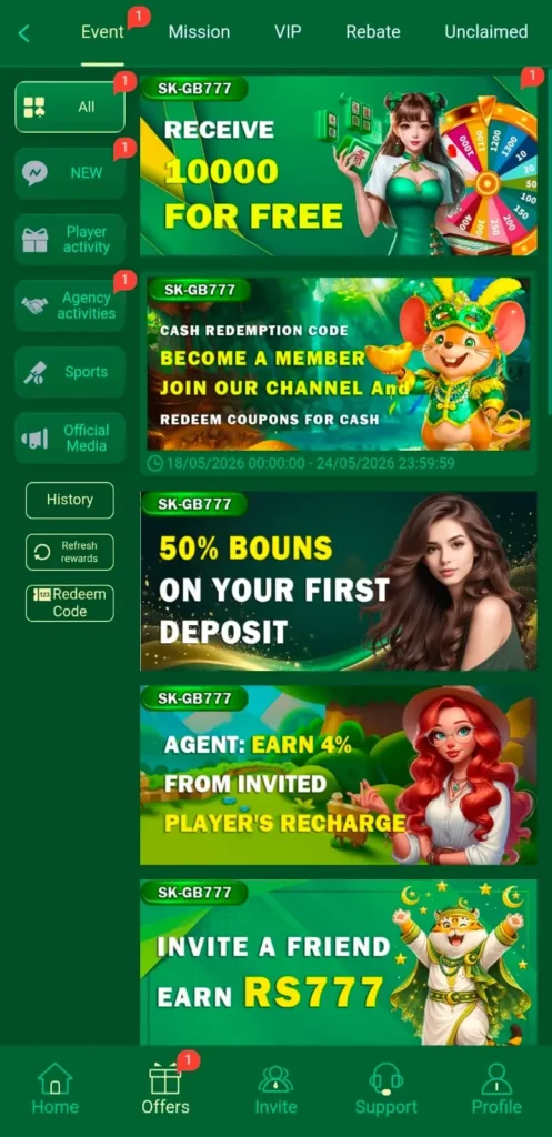 Daily Bonuses in SKgb777 Game.