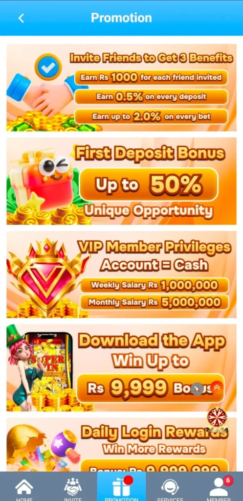 Daily Bonuses in 9999WIN Game.