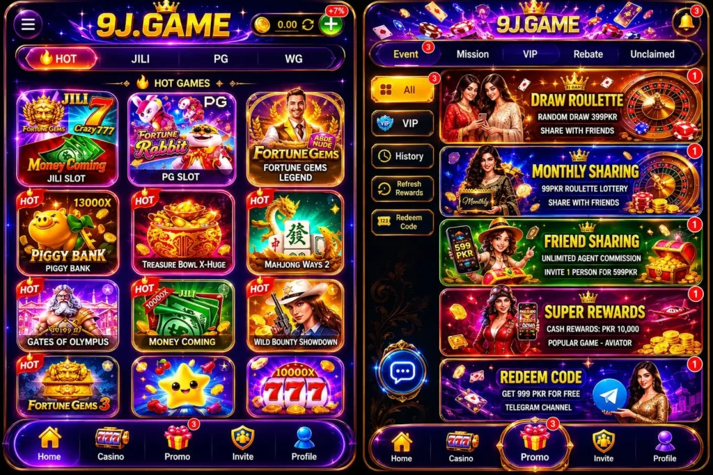 9J Game interface screenshot image & Daily Bonuses in 9J Game.