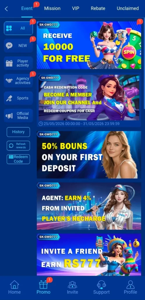 Daily Bonuses in SKgwd777 Game.