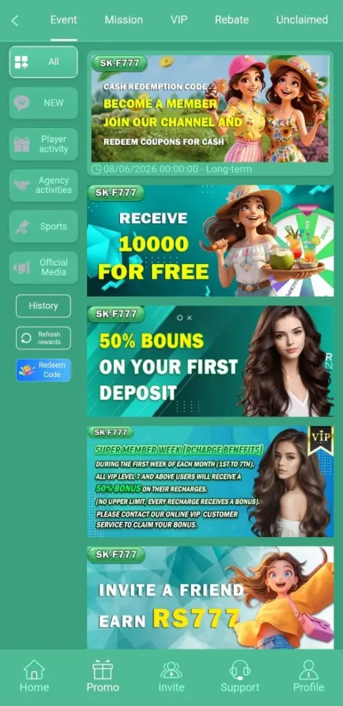 Daily Bonuses in SKF777 Game.