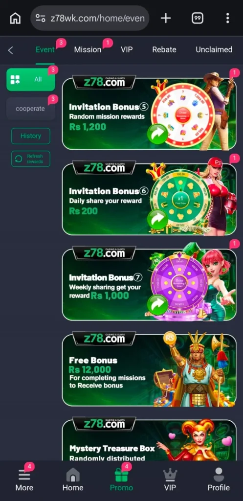  Daily Bonuses in Z78 Game.